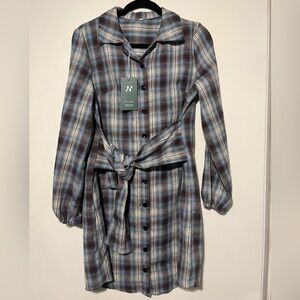 NWT Halara Small Collared Button Tie Front Long Sleeve Plaid Mini Casual Dress
